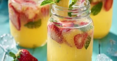 Erfrischende Ananas-Erdbeer-Bowle in einem Glas serviert, ideal für Sommerveranstaltungen.