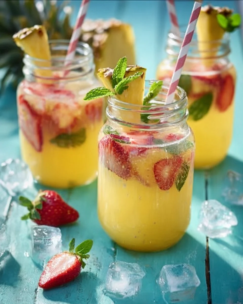 Erfrischende Ananas-Erdbeer-Bowle in einem Glas serviert, ideal für Sommerveranstaltungen.