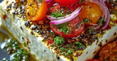 Gebackener Fetakäse im griechischen Stil mit Kräutern und Gemüse