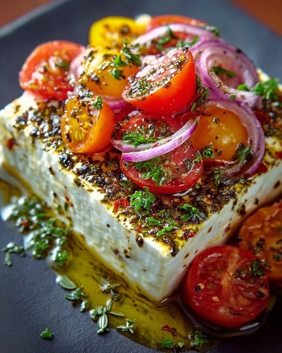 Gebackener Fetakäse im griechischen Stil mit Kräutern und Gemüse
