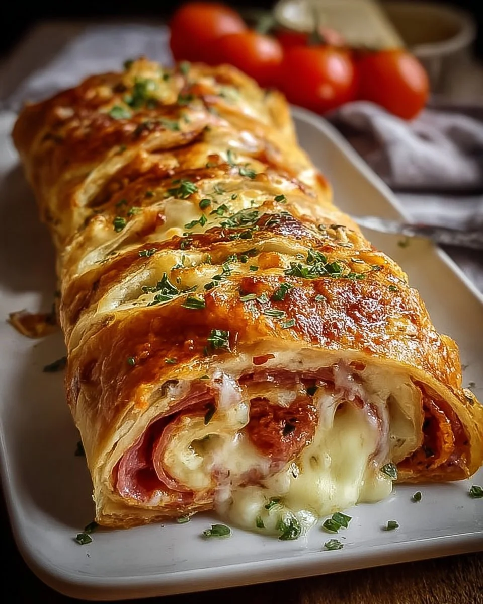 Blätterteig-Stromboli mit köstlicher Füllung auf einem Teller