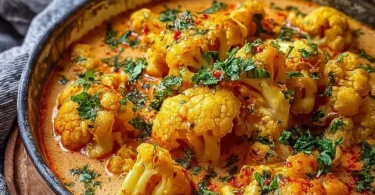 Blumenkohl Curry aus dem Backofen auf einem Teller angerichtet