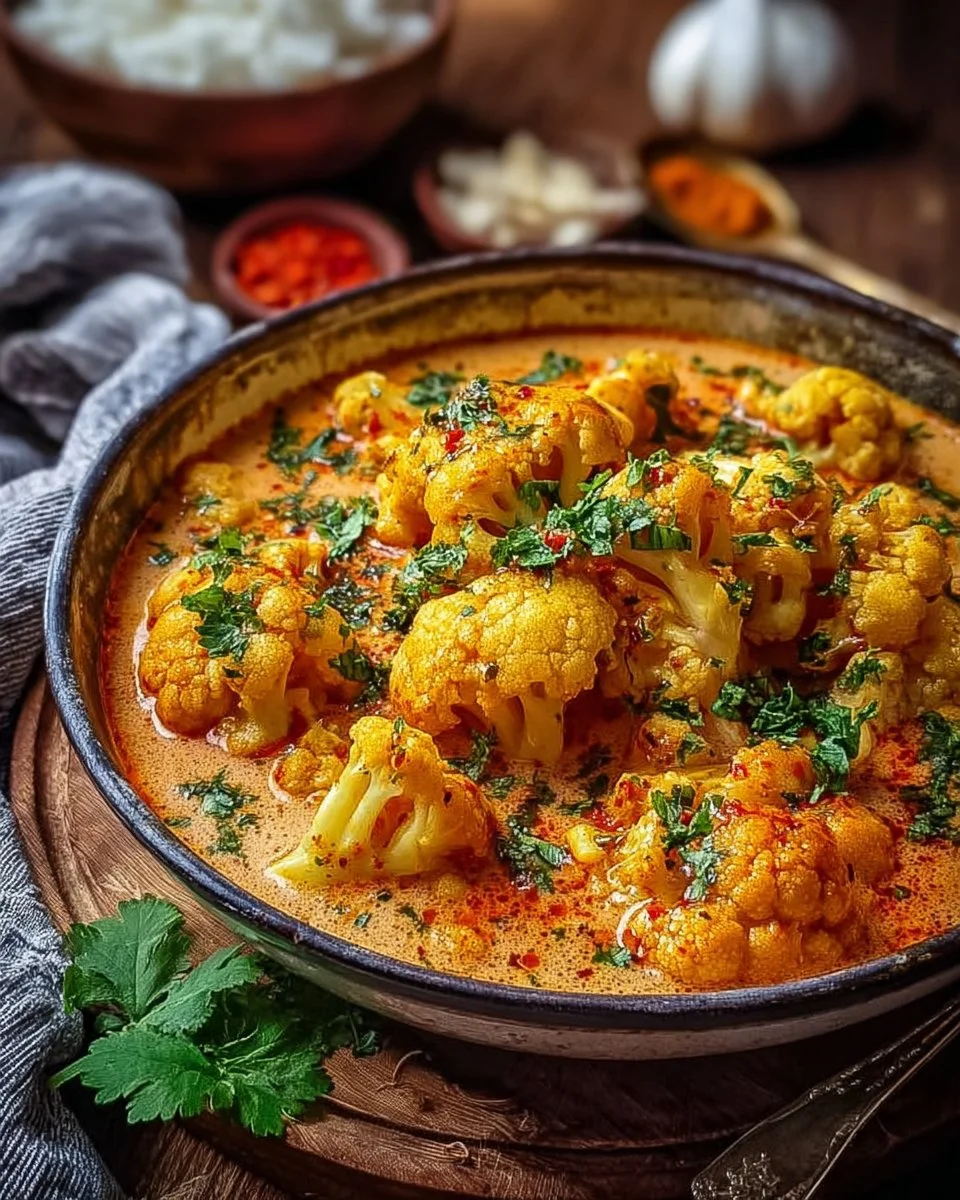 Blumenkohl Curry aus dem Backofen auf einem Teller angerichtet