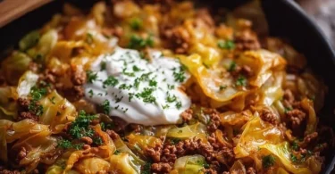 Leckere Spitzkohl-Hackfleisch-Pfanne auf einem Teller angerichtet