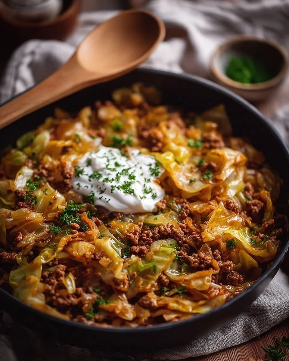 Leckere Spitzkohl-Hackfleisch-Pfanne auf einem Teller angerichtet