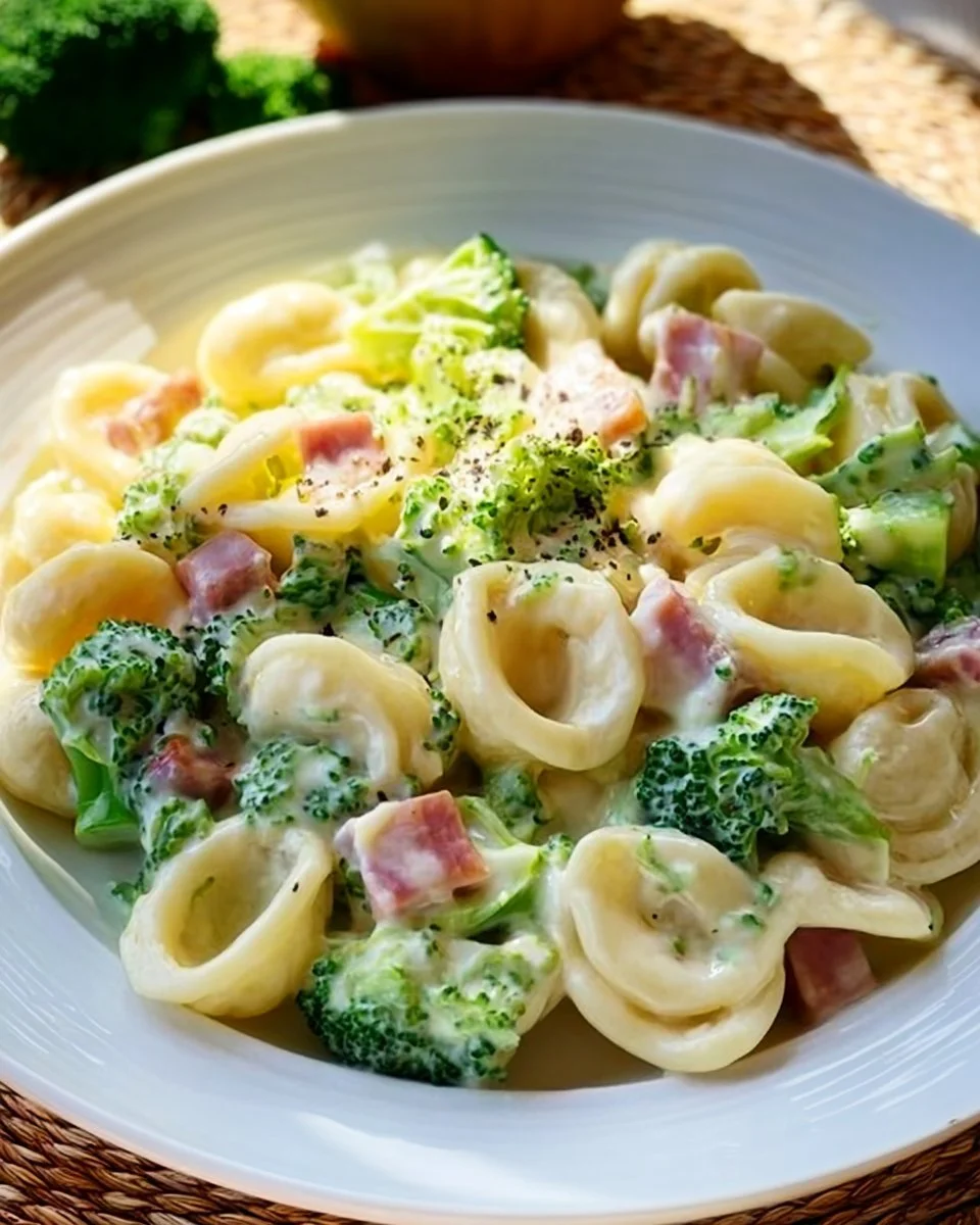 Schüssel mit Brokkoli Schinken Pasta, frisch zubereitet und serviert.