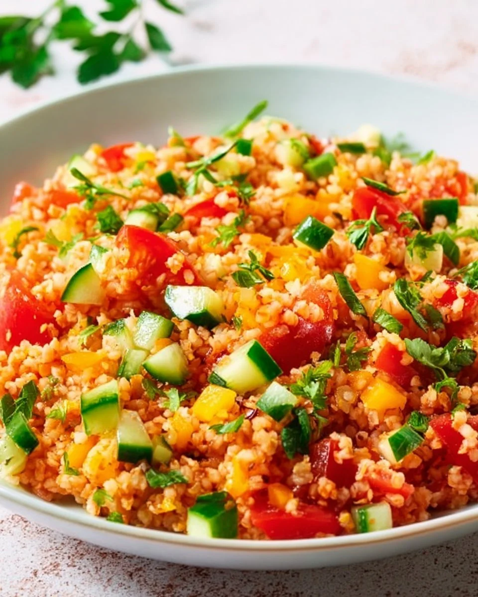Schüssel mit frischem Bulgursalat, serviert mit Gemüse und Kräutern.