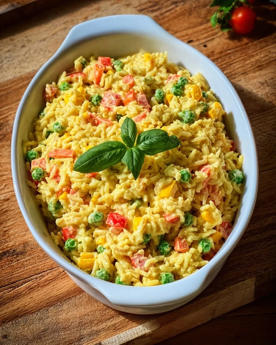 Bunter Reissalat mit Curry auf einem Teller angerichtet
