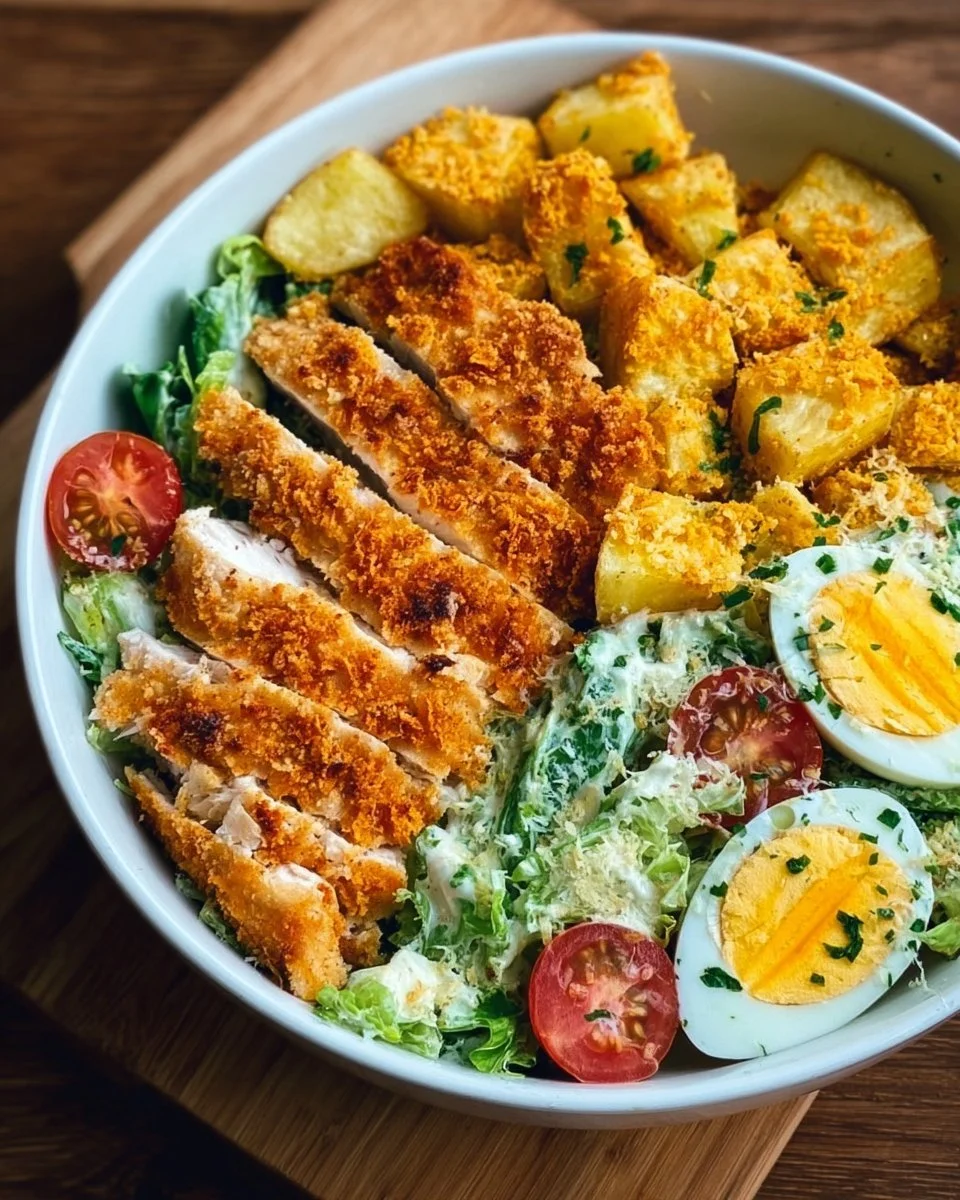 Schmackhafte Caesar-Hähnchen-Bowl mit frischem Hähnchen und Salatzutaten