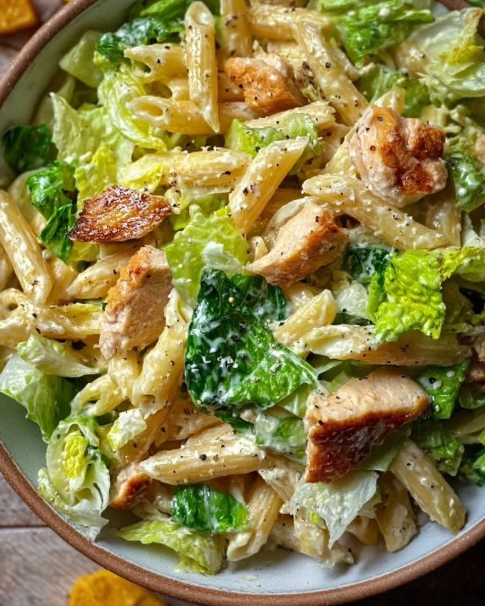 Leckere Portion Caesar Nudelsalat mit Nudeln, Salat und Dressing