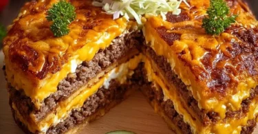 Leckere Cheeseburger-Torte auf einem festlichen Tisch serviert