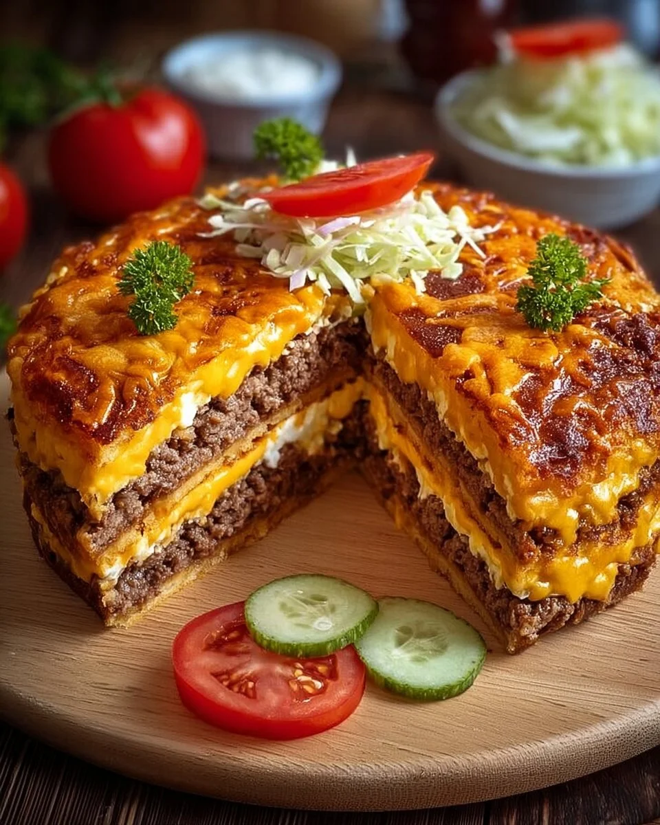 Leckere Cheeseburger-Torte auf einem festlichen Tisch serviert