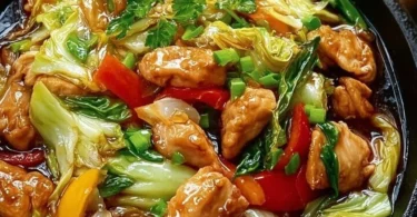 Chinesische Hähnchenpfanne mit Spitzkohl und Zwiebel auf einem Teller serviert.
