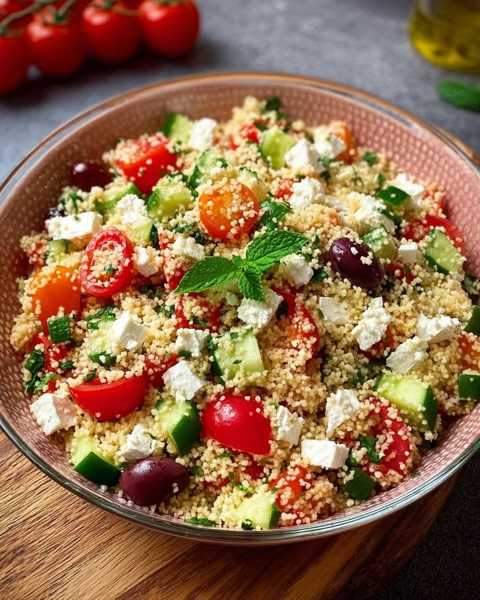 Couscous-Salat mit Feta und frischem Gemüse auf einem Teller