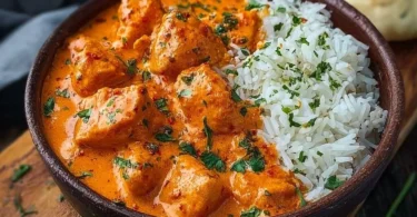 Traditionelles Butter Chicken Gericht mit Reis und Naan-Brot