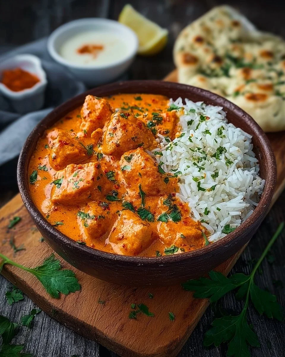 Traditionelles Butter Chicken Gericht mit Reis und Naan-Brot