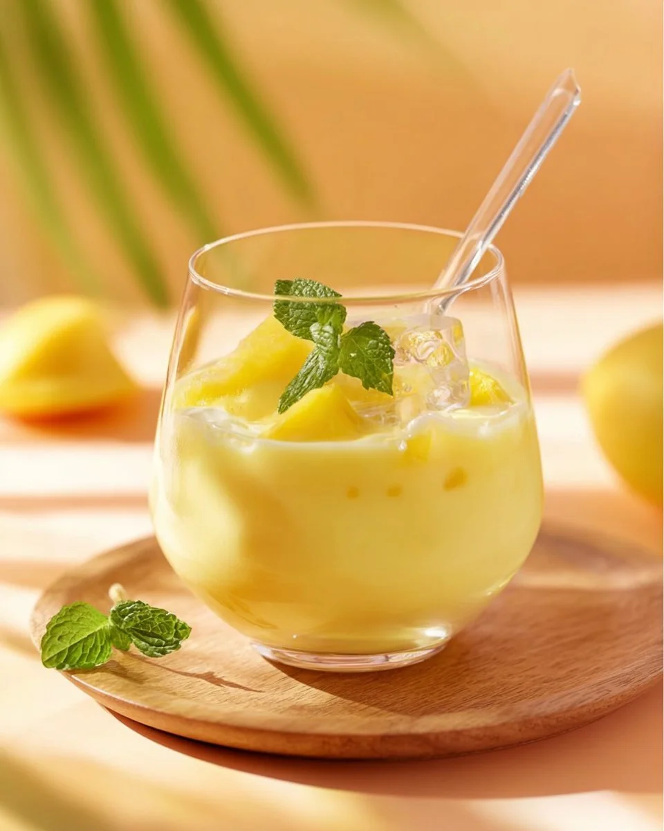 Eierlikörbowle mit Ananas und Sekt in einem eleganten Glas serviert.