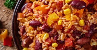 Ein-Pfannen-Reis mit Paprika, Bohnen und Mais in einer bunten Pfanne