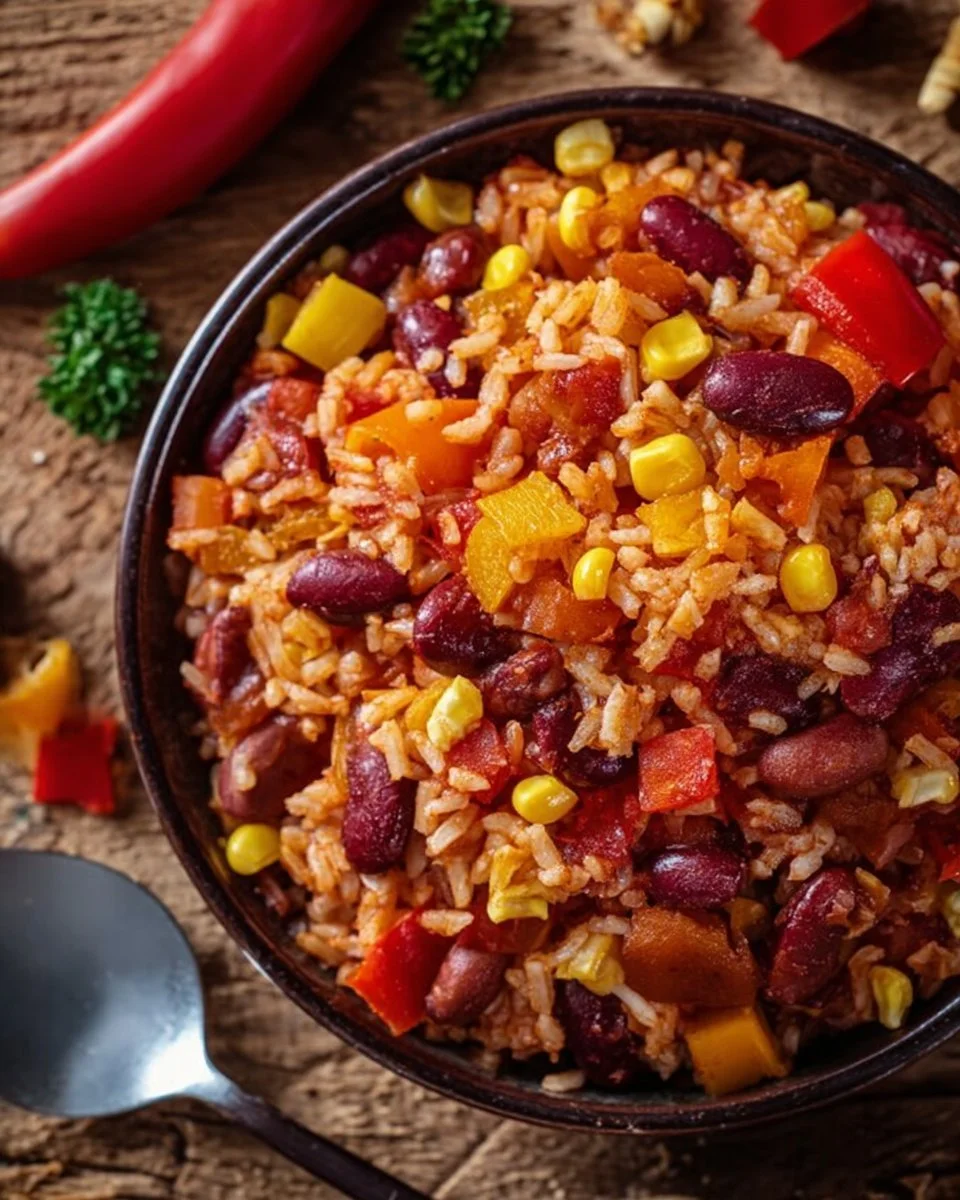 Ein-Pfannen-Reis mit Paprika, Bohnen und Mais in einer bunten Pfanne