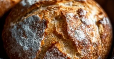 Ein einfaches Brot, frisch gebacken und goldbraun, auf einem Holzbrett.