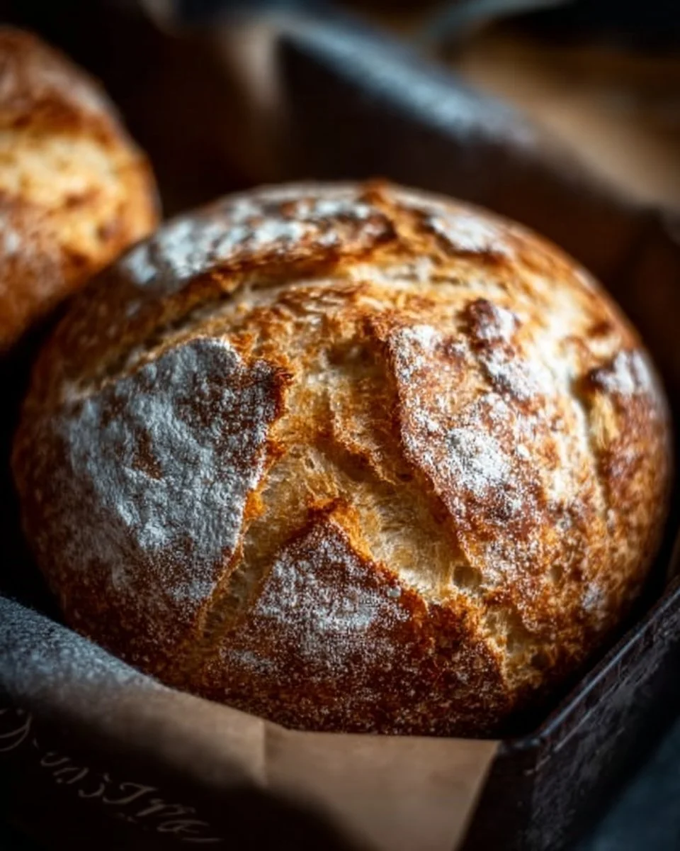 Ein einfaches Brot, frisch gebacken und goldbraun, auf einem Holzbrett.