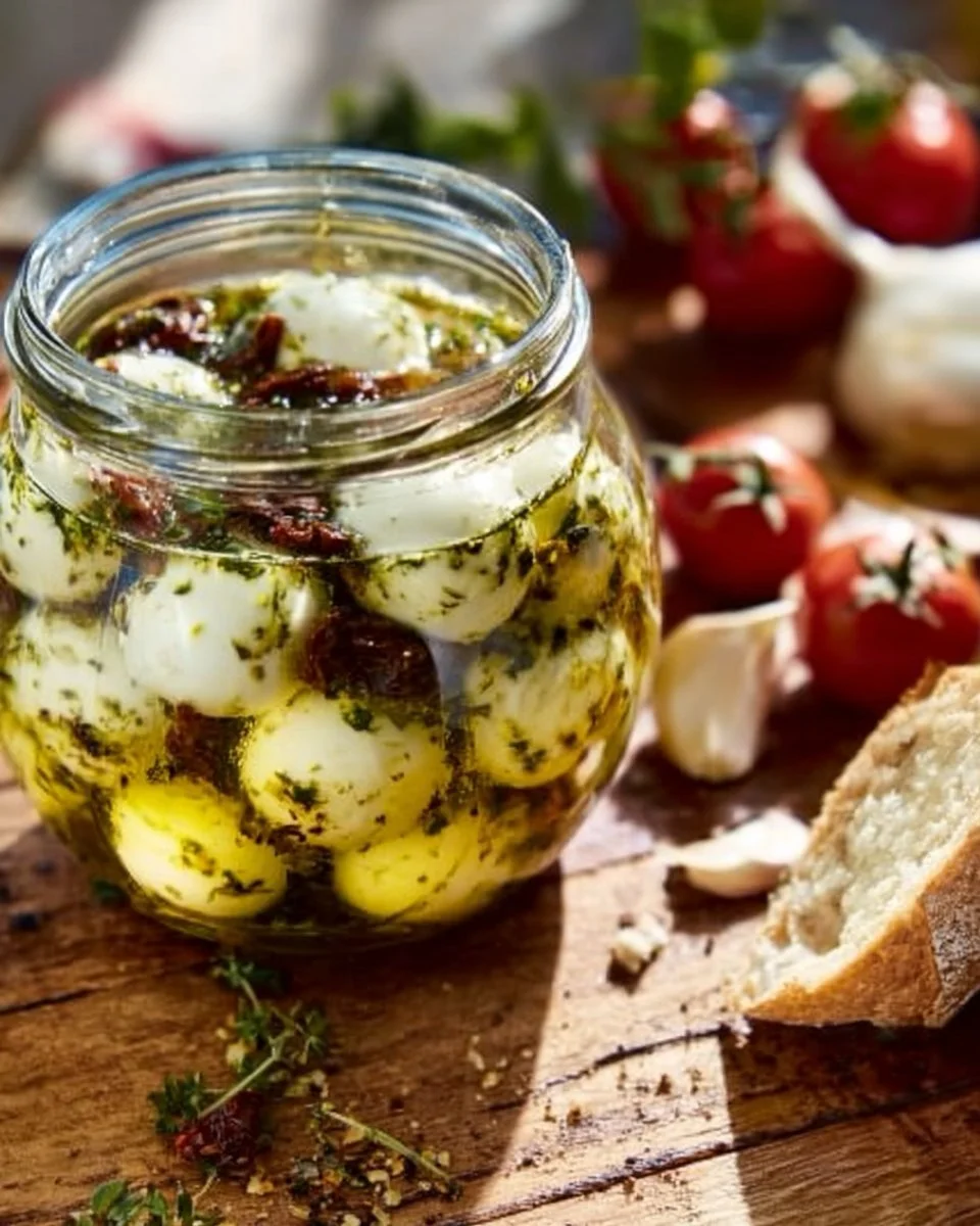 Eingelegter Mozzarella in aromatischer Marinade mit Kräutern