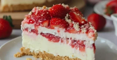 Erdbeer Crunch Käsekuchen mit frischen Erdbeeren und knusprigen Toppings