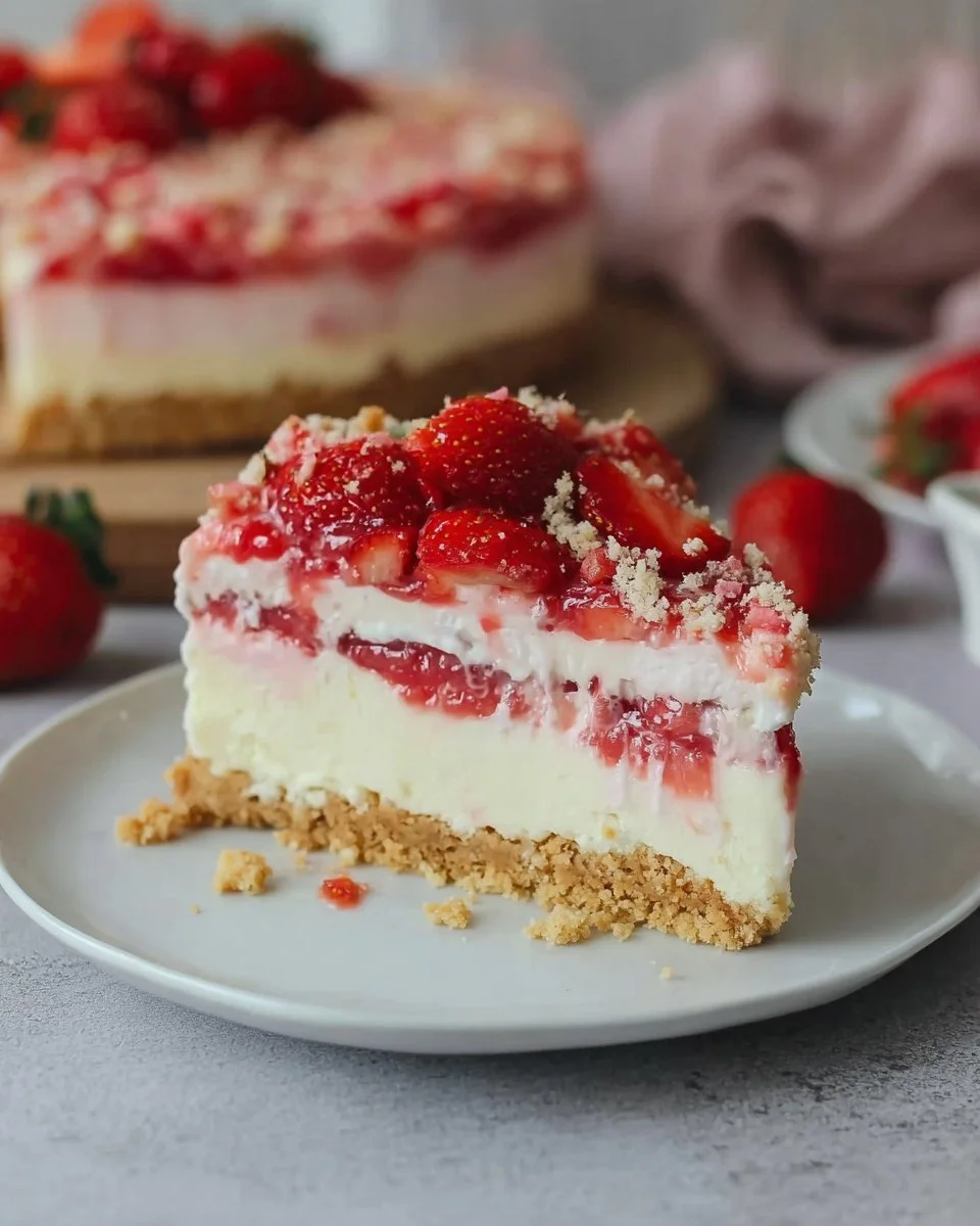 Erdbeer Crunch Käsekuchen mit frischen Erdbeeren und knusprigen Toppings