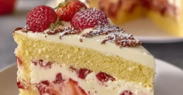Fantakuchen mit Erdbeeren auf einem Teller, dekoriert mit frischen Früchten.