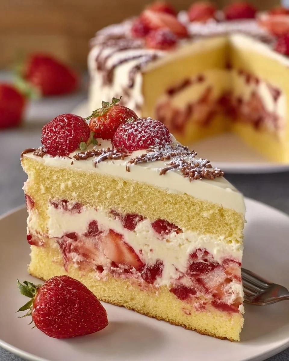 Fantakuchen mit Erdbeeren auf einem Teller, dekoriert mit frischen Früchten.