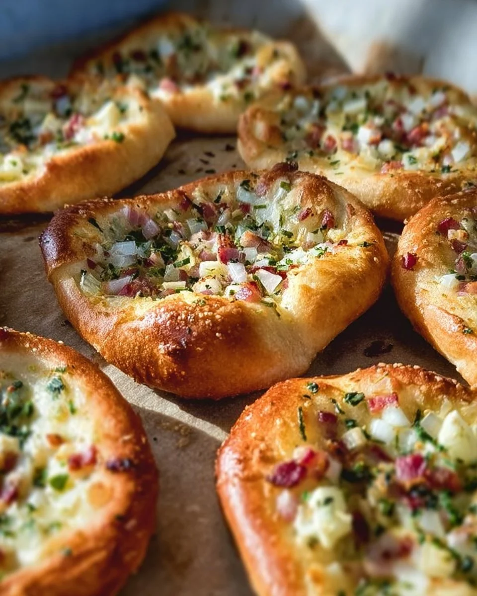 Flammkuchen Brezeln serviert mit frischen Zutaten auf einem Holzbrett