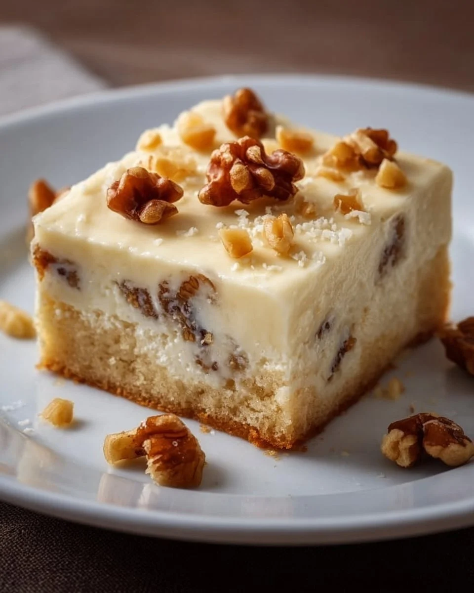 Kuchen mit Pudding und Walnüssen auf einem Tisch serviert