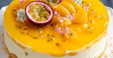 Fruchtige Pfirsich-Maracuja-Torte auf einem Tisch serviert