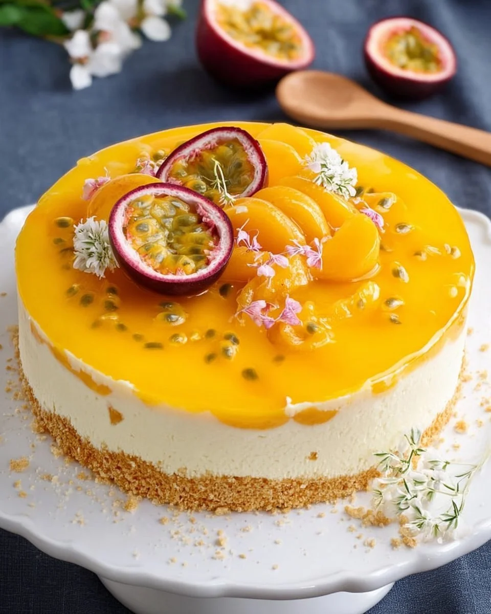 Fruchtige Pfirsich-Maracuja-Torte auf einem Tisch serviert