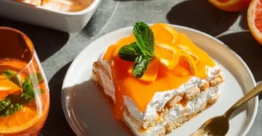 Fruchtiges Aperol Spritz-Tiramisu auf einem Teller serviert