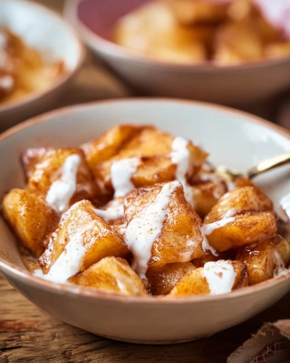 Gebackene Äpfel im Air Fryer, serviert mit Zimt und Nüssen.