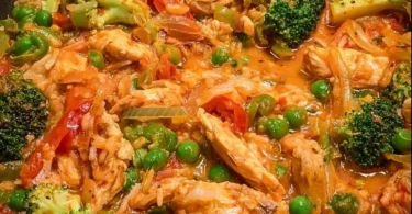 Gesunde Gemüsepfanne mit gebratenem Hähnchen und buntem Gemüse