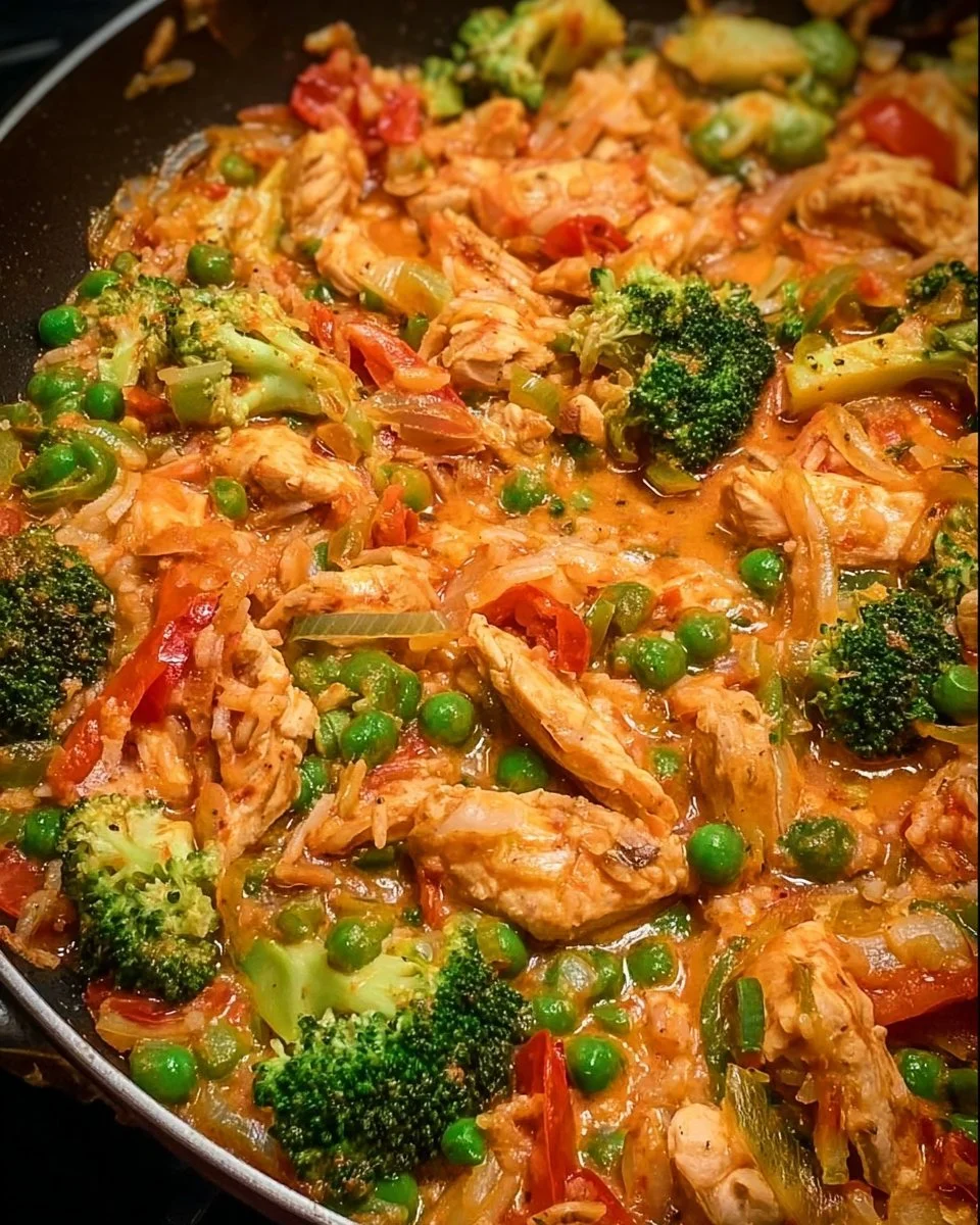 Gesunde Gemüsepfanne mit gebratenem Hähnchen und buntem Gemüse