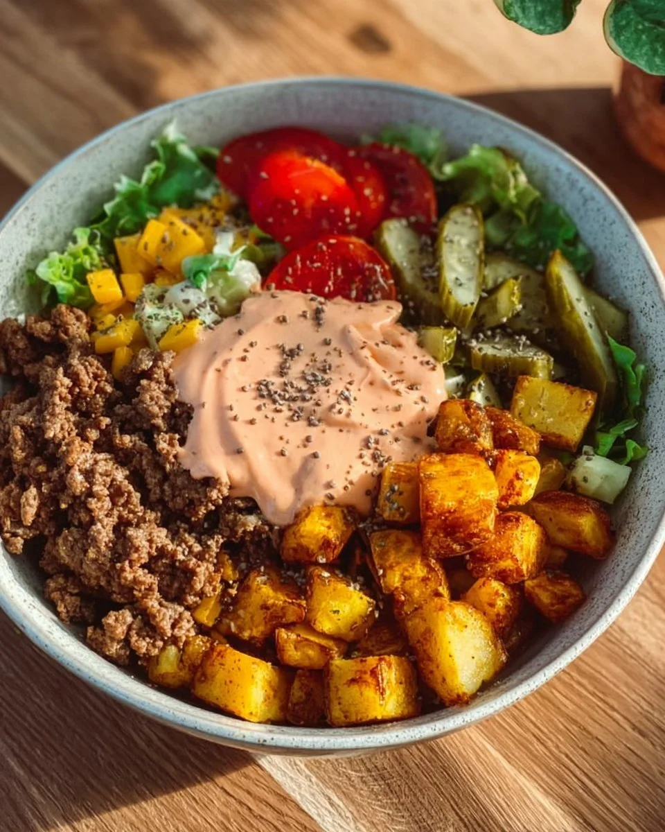 Gesunde Burger Bowl mit frischem Gemüse und proteinreichem Topping