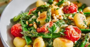 Gnocchi mit grünem Spargel auf einem Teller serviert