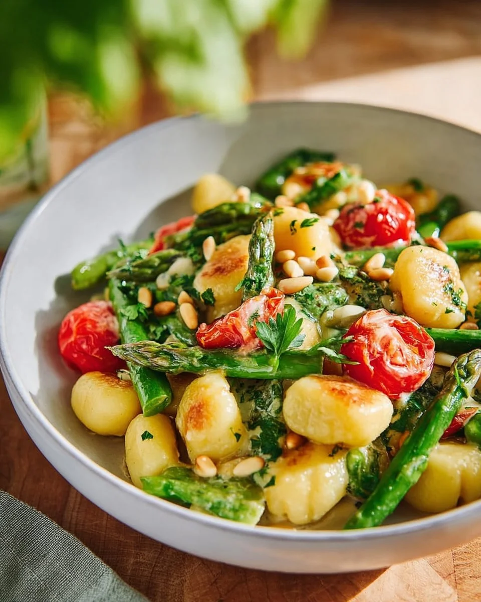 Gnocchi mit grünem Spargel auf einem Teller serviert