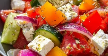 Schüssel mit griechischem Bauernsalat, voller frischer Zutaten
