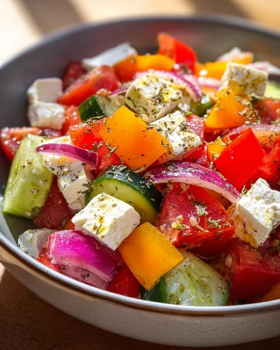 Schüssel mit griechischem Bauernsalat, voller frischer Zutaten