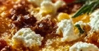 Griechischer Nudel-Auflauf mit Feta und Hackfleisch auf einem Teller serviert.