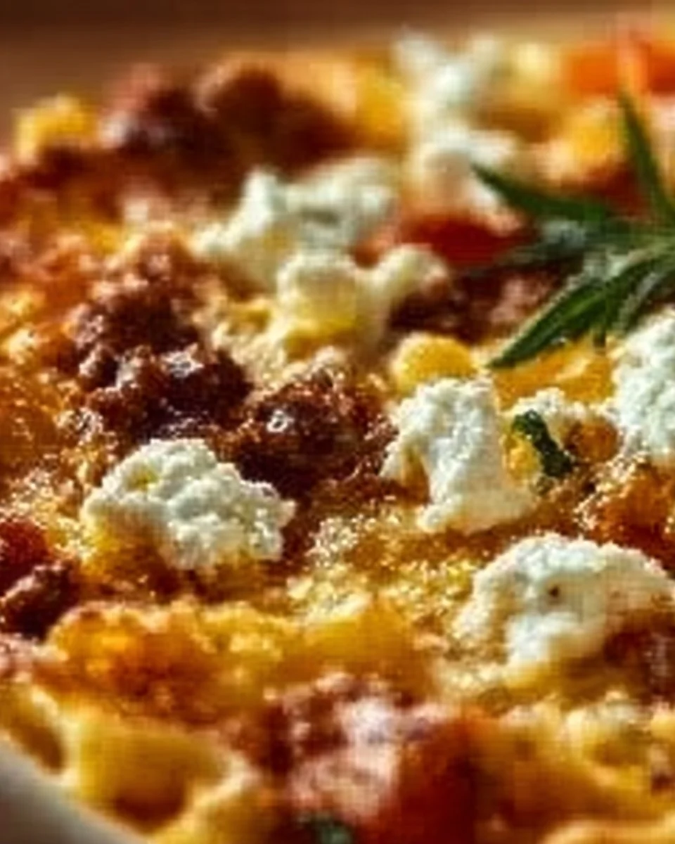 Griechischer Nudel-Auflauf mit Feta und Hackfleisch auf einem Teller serviert.