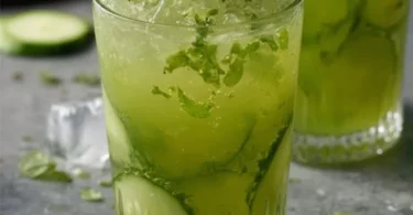 Erfrischende Gurkenlimonade mit Ingwer und Minze in einem Glas.