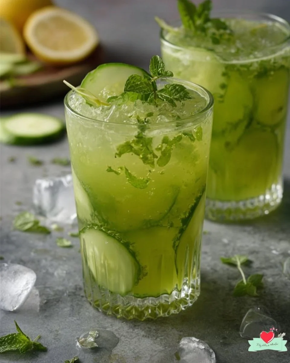 Erfrischende Gurkenlimonade mit Ingwer und Minze in einem Glas.