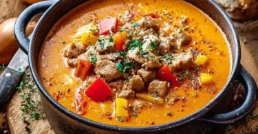 Schüssel mit herzhafter Suppe voller frischer Zutaten