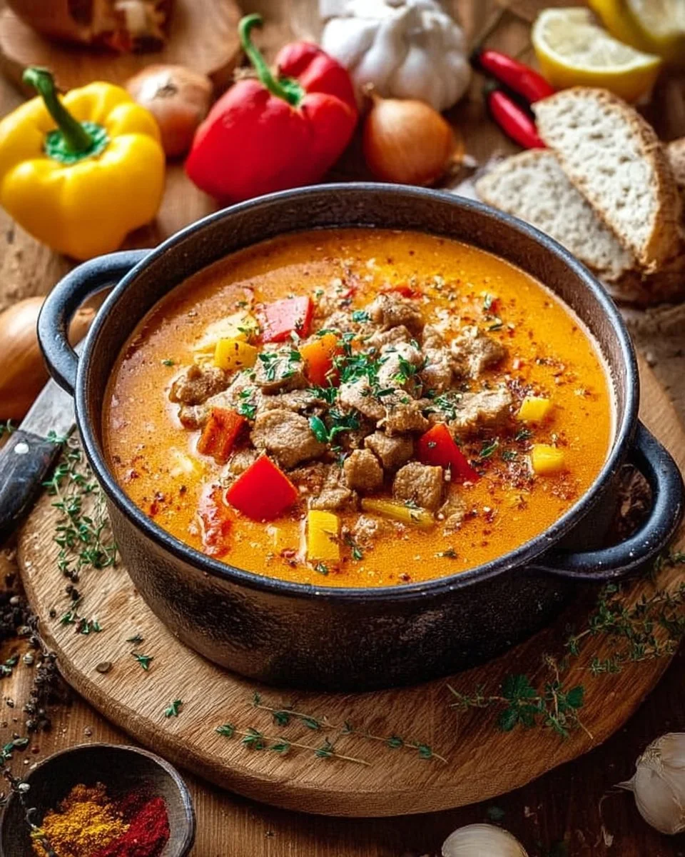 Schüssel mit herzhafter Suppe voller frischer Zutaten