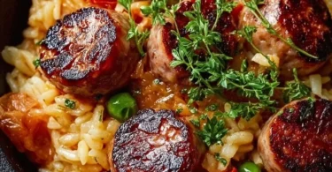 Wurst-Reis-Pfanne mit buntem Gemüse und Wurststücken, serviert in einer Pfanne.